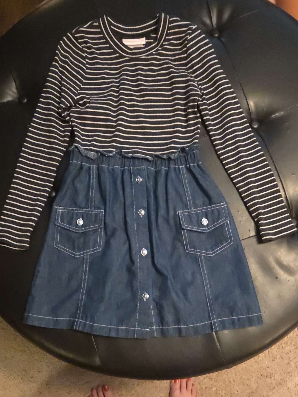 Bonnie Jean Black & White Striped Top with Dark Blue Button-Front Skirt